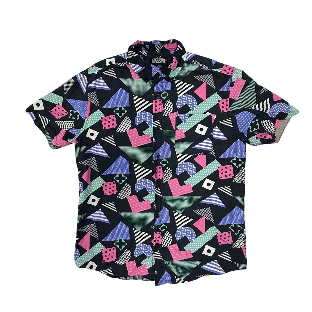 Massive Mens S Short Sleeve Button Down Shirt 90s Retro Geometric Print Black